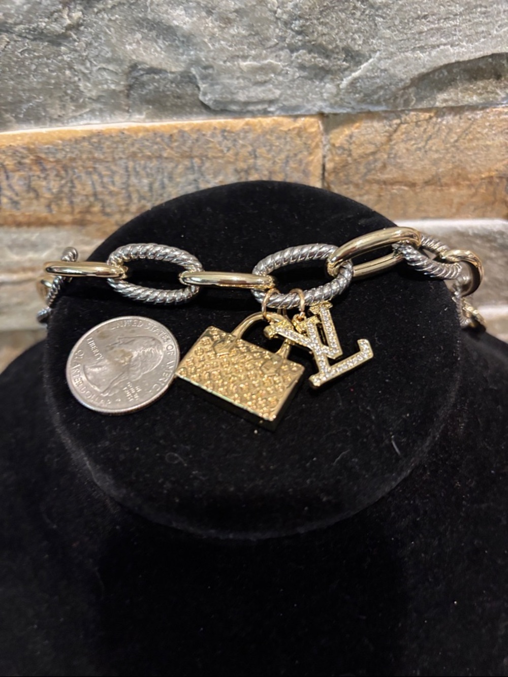 Gold & Silver Two-Tone chunky Chain Necklace with LV purse Charm - Picture 6 of 6